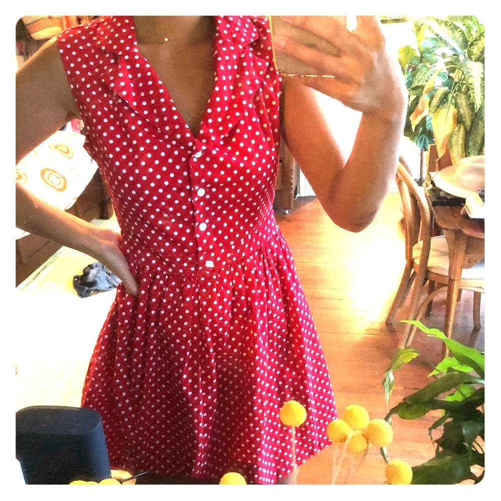Red and white polka dot button up mini dress